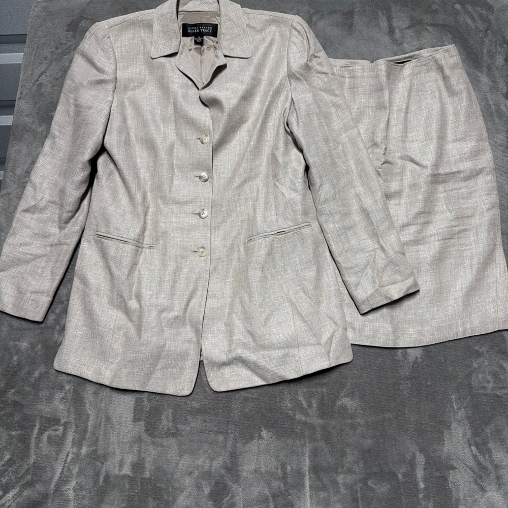 Linda Allard Ellen Tracy Skirt Suit Womens 10 Beige Linen Blend Blazer Career
